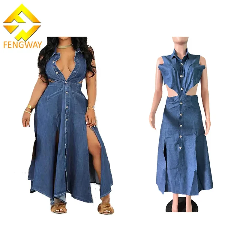 2024 Hot Selling Fashion Denim Long Dress Women Turndown Collar Sleeveless Dress Sexy Hollow Out Split Dresses