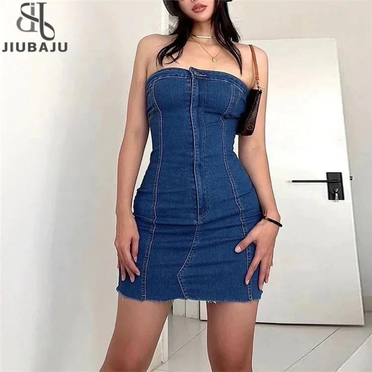 Sexy Denim Summer Dresses 2024 Women Y2k Clothing Jeans Tube Bodycon Short Western Cowgirl  Mini New Arrival Dress