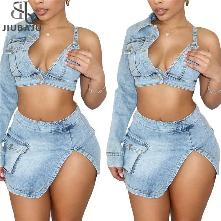 Sexy Elastic Blue Denim Mini Skirt Suit Outfit 2024 New Fashion 2 Piece Women One Shoulder Bra Jacket Spilt Skirts Matching Set