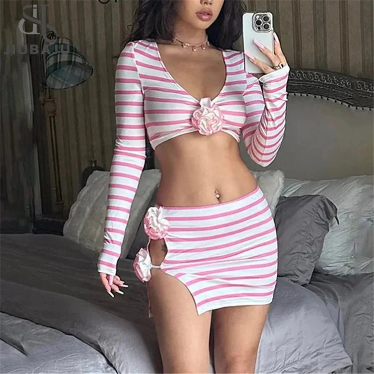 Two Piece Dress Sets Long Sleeve V Neck Crop Top Mini Skirts Matching Pink Stripe Dress Suits