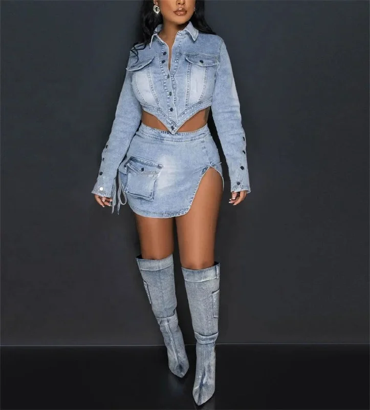 Women Irregular Denim 2 Piece Set Spring 2024 Lapel Single Breasted Short Jacket High Waist Split Mini Cargo Skirt