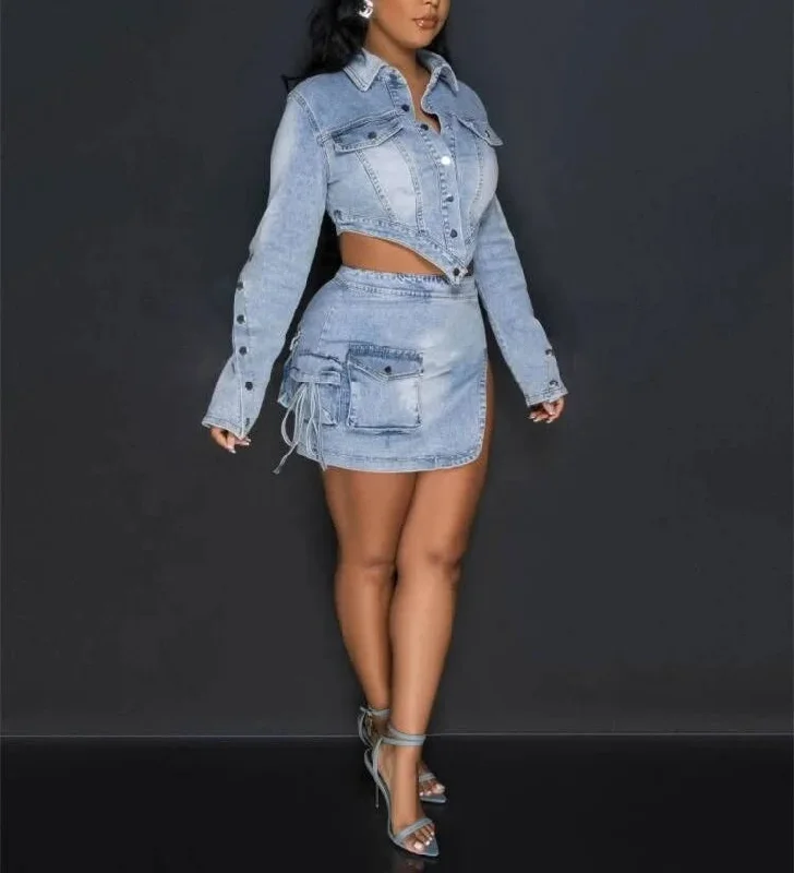 Women Irregular Denim 2 Piece Set Spring 2024 Lapel Single Breasted Short Jacket High Waist Split Mini Cargo Skirt