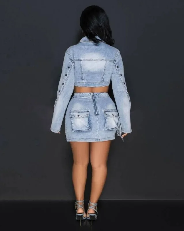 Women Irregular Denim 2 Piece Set Spring 2024 Lapel Single Breasted Short Jacket High Waist Split Mini Cargo Skirt