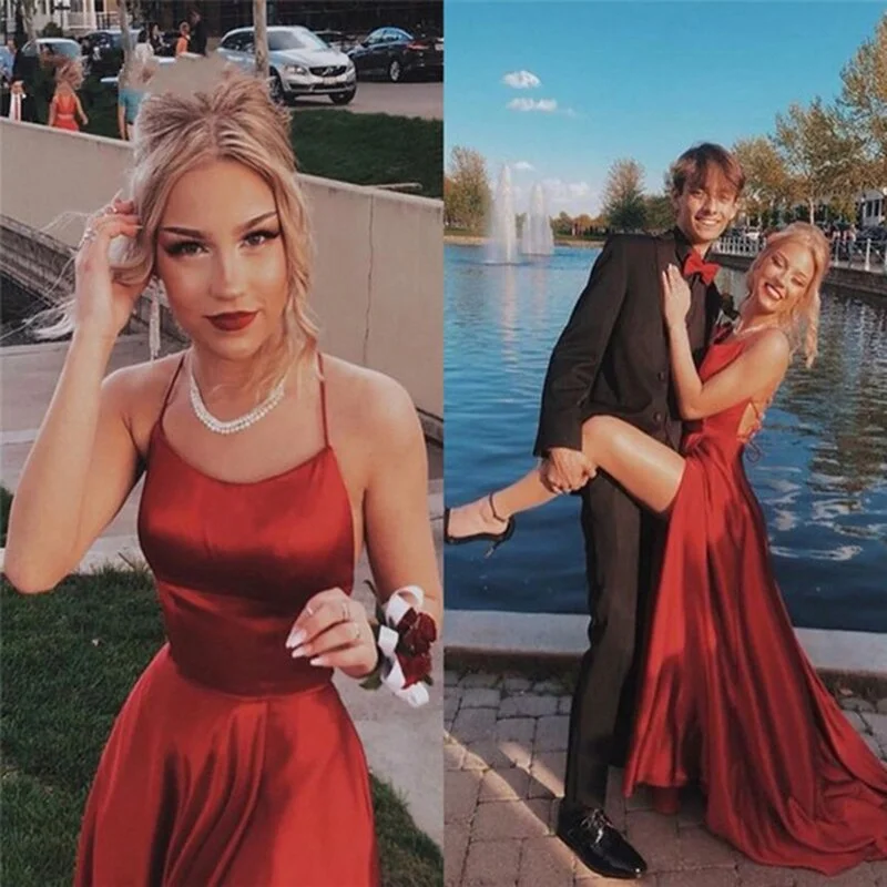 FashionSierra - Burgundy Halter Neck Prom Dresses