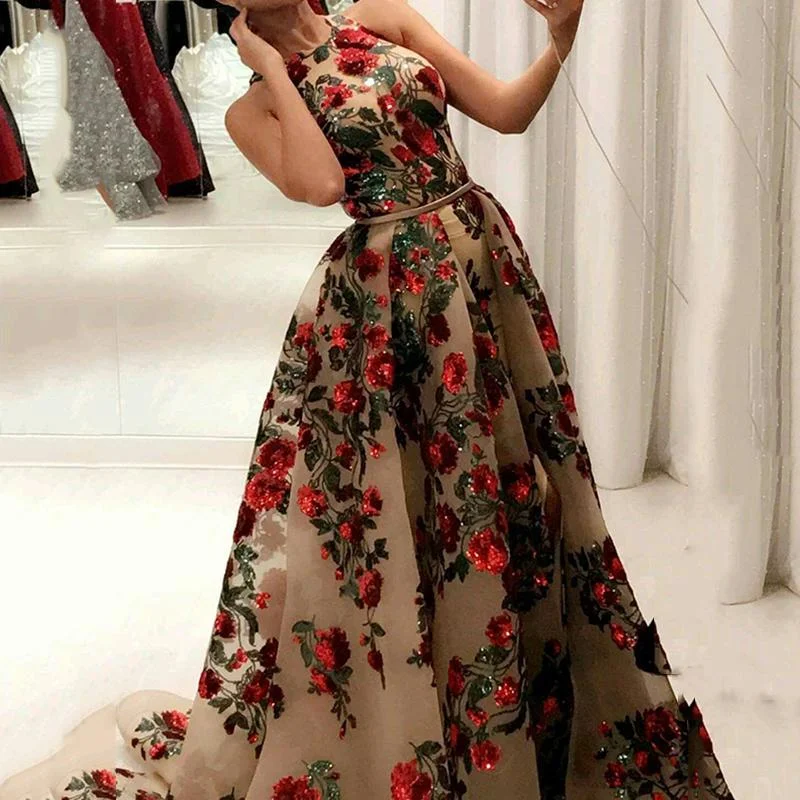 FashionSierra - Prom Dresses for Women Sequin Flower Printed Dress