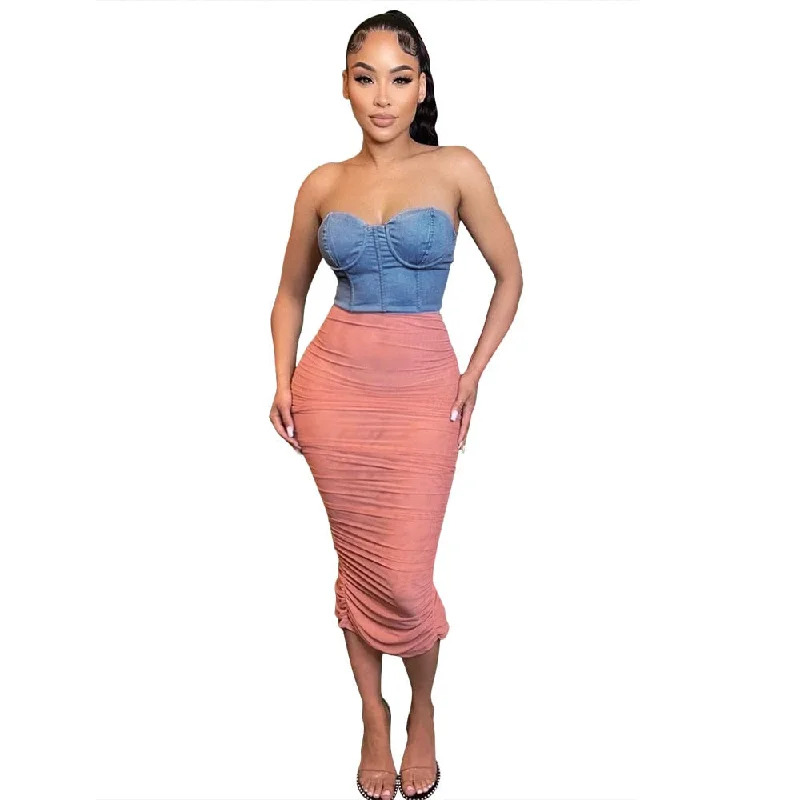 Denim Tube Top Mesh Long Dresses