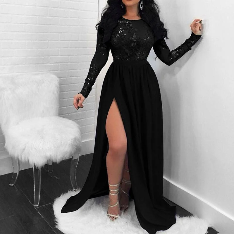 FashionSierra - Women Open Back Long Sleeve Slit Party Dress