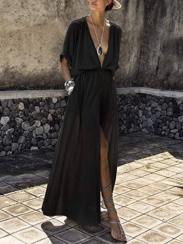 FashionSierra - Clearance Deep V-neck Maxi Shirtdress