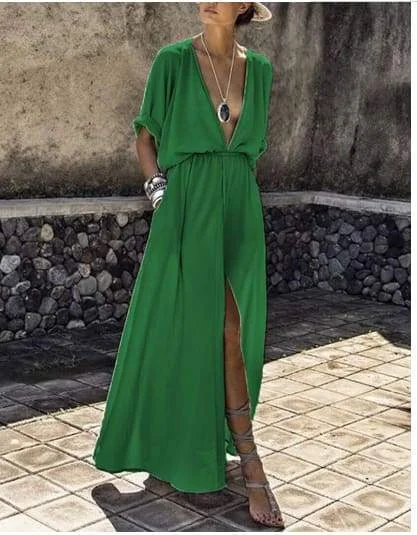 FashionSierra - Clearance Deep V-neck Maxi Shirtdress