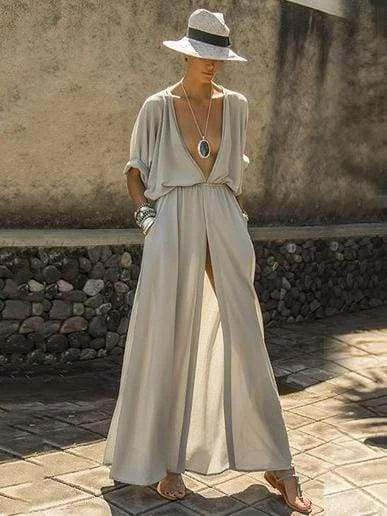 FashionSierra - Clearance Deep V-neck Maxi Shirtdress