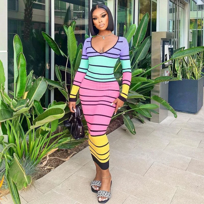 Colorful Stripe Backless Long Sleeve Maxi Dresses