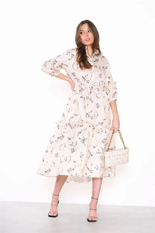 Cream Dainty Floral Long Sleeve Puff Button Up Midi Dress