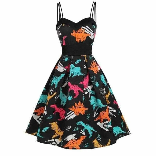 FashionSierra - Dinosaur Print Dual Strap Dress