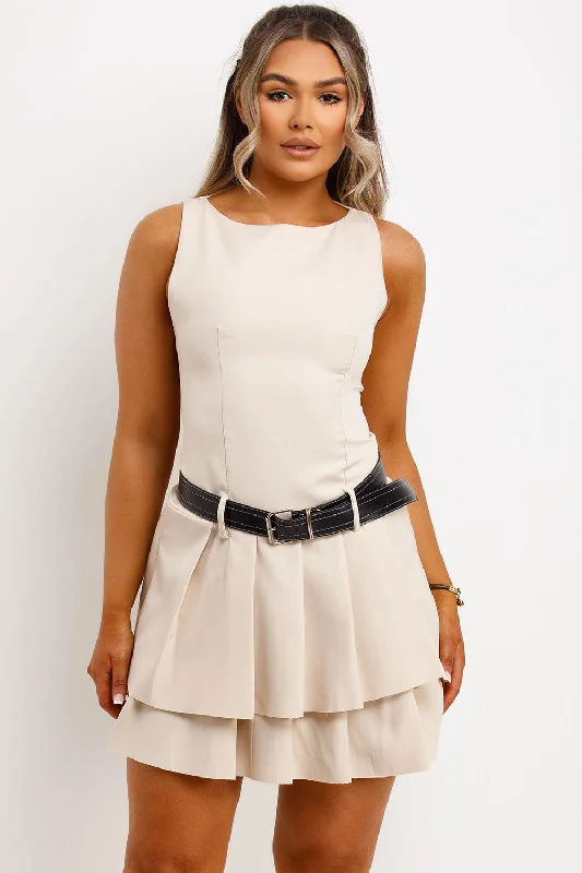 Dress With Ruffles And Belt Beige