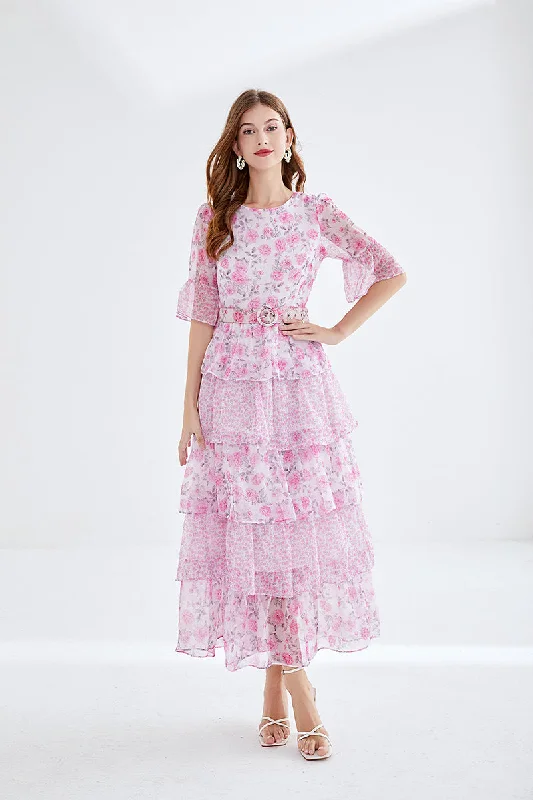 European and American high-end printed trumpet sleeves 5-layer cake dress