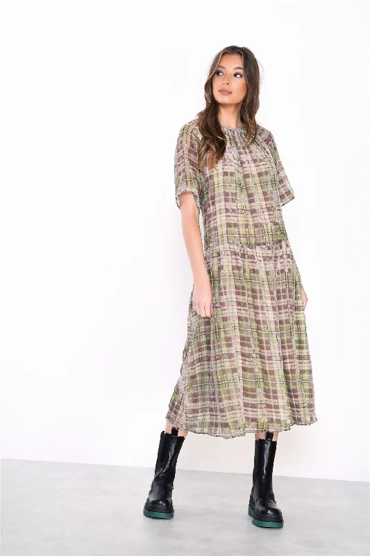 Green Devore Check High Neck Short Sleeve Midi Dress