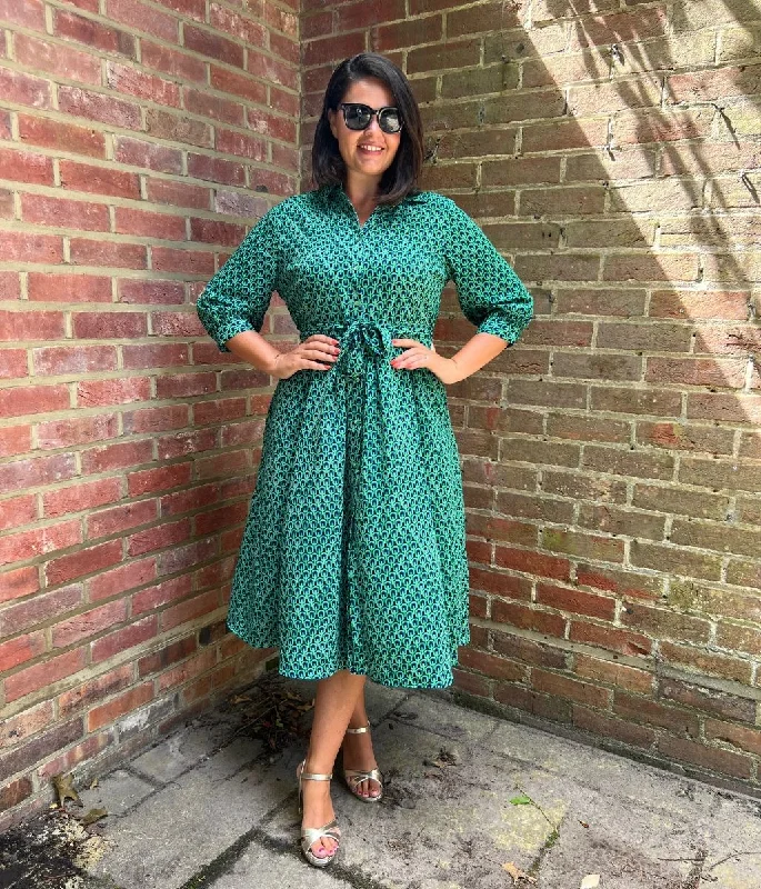 Green Geo Print Midi Shirt Dress