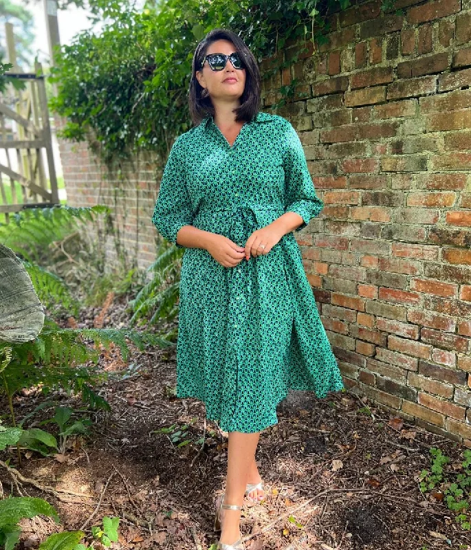 Green Geo Print Midi Shirt Dress