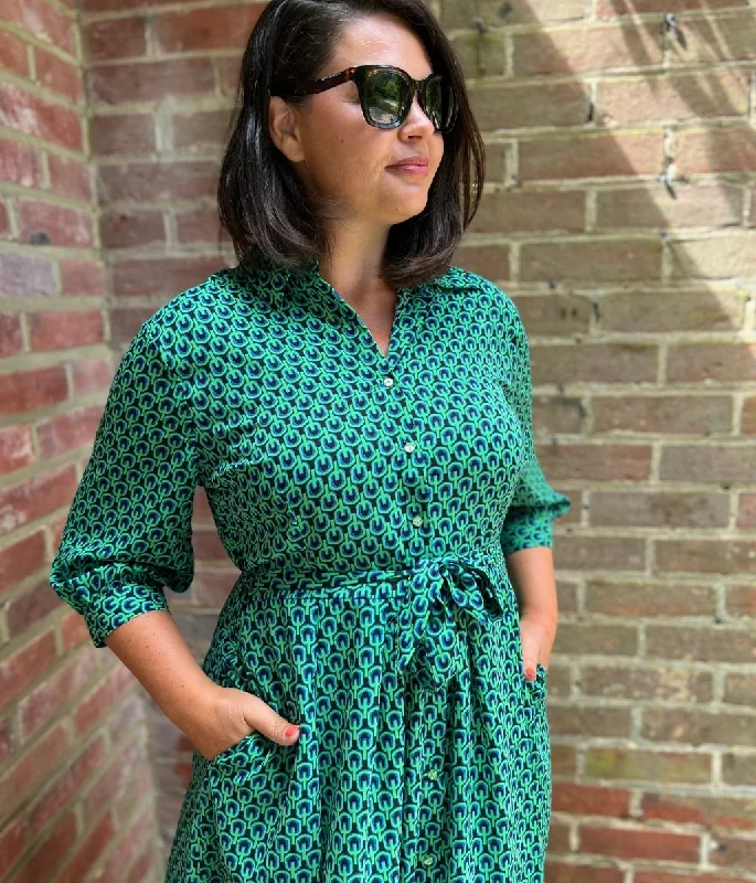 Green Geo Print Midi Shirt Dress