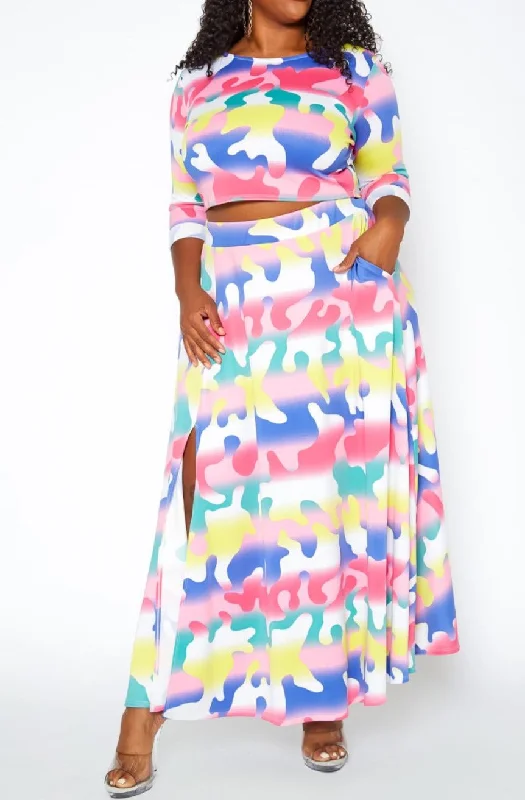 Hi Curvy Plus Size Women Colorful Camo Print Two Piece Set