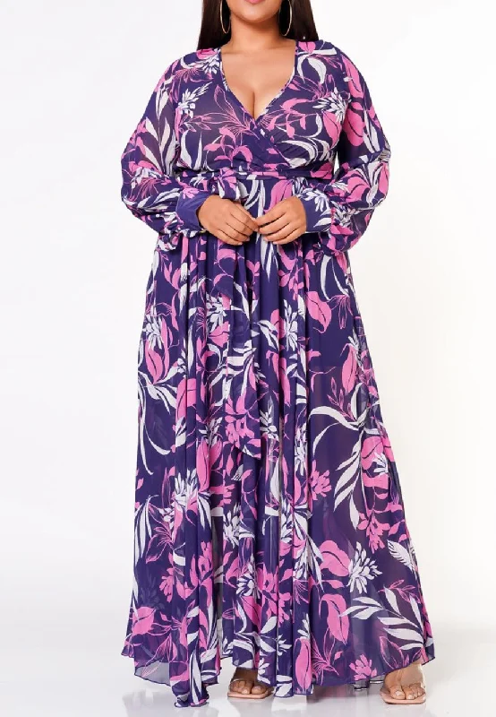 Hi Curvy Plus Size Women Floral Leaf Pattern Flare Maxi Dress