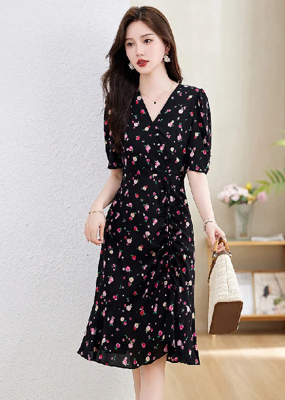 Ladies elegant v-neck irregularity print dress