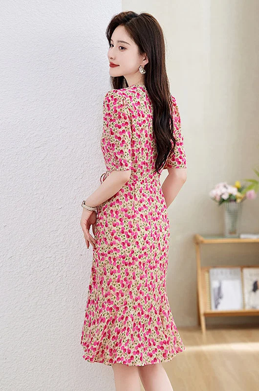 Ladies elegant v-neck irregularity print dress