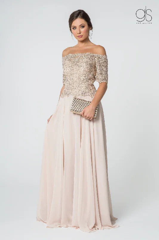 Long Off Shoulder Dress with Embroidered Bodice by Elizabeth K GL2525