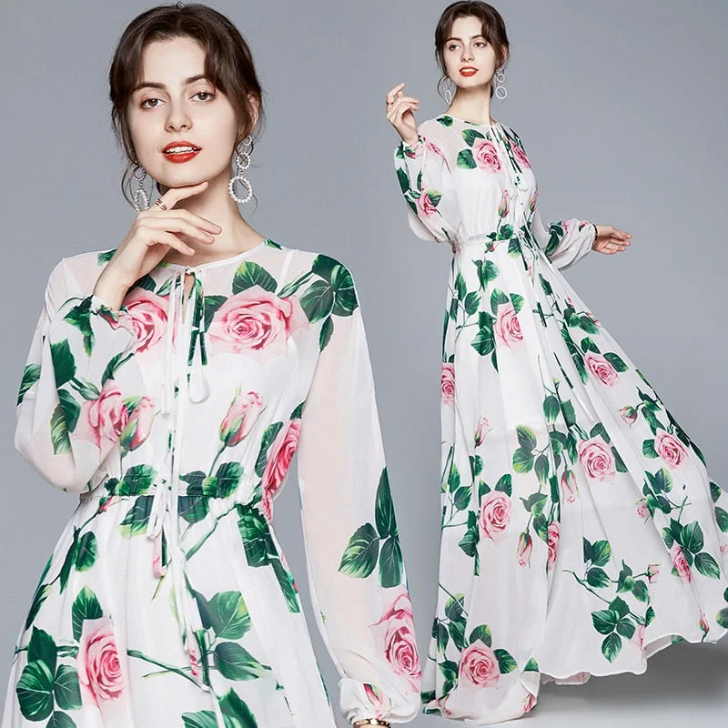 FashionSierra - Maxi Dresses Women's Long Sleeve Print Elastic Waist Holiday Elegant Long Dress