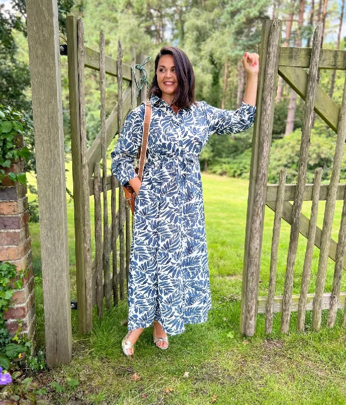 Navy Leaf Print Shirt Dress