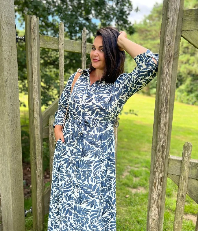 Navy Leaf Print Shirt Dress