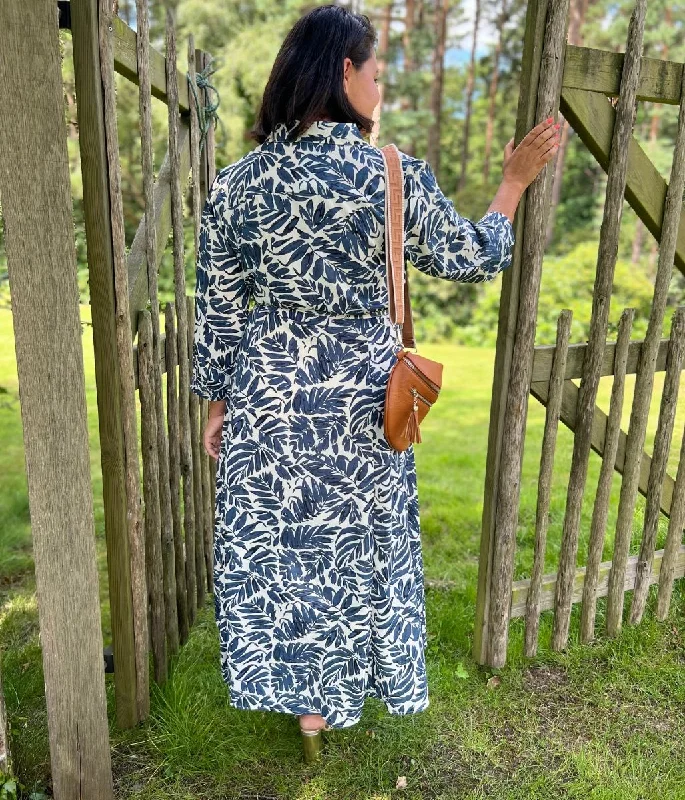 Navy Leaf Print Shirt Dress