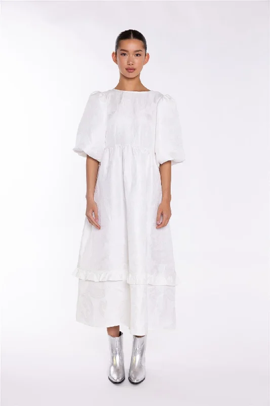 Off-White Brocade Tiered Tie-Back Midi-Dress