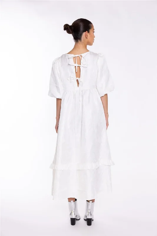 Off-White Brocade Tiered Tie-Back Midi-Dress