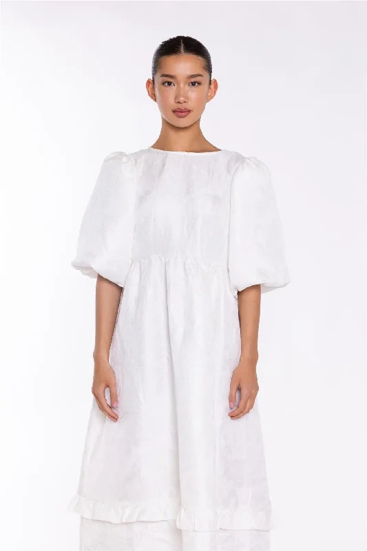 Off-White Brocade Tiered Tie-Back Midi-Dress