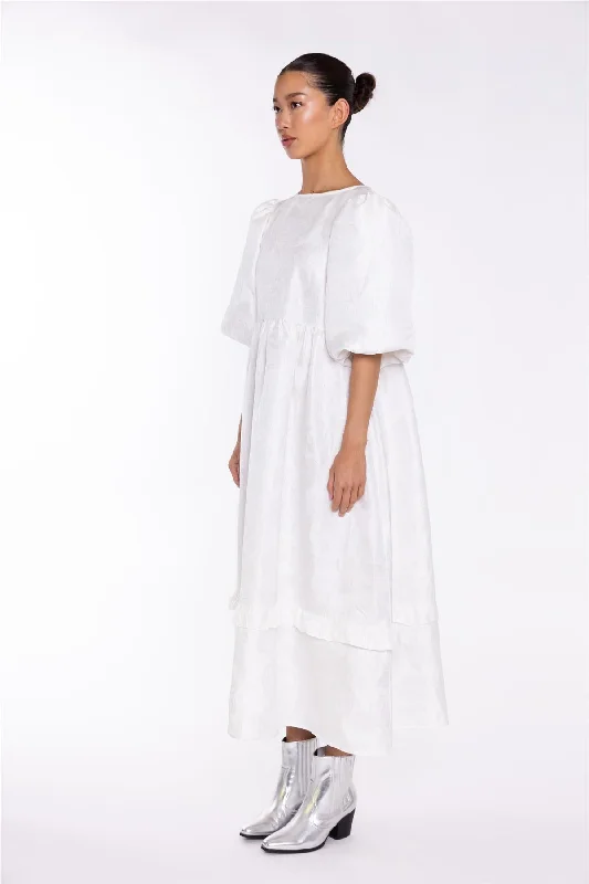 Off-White Brocade Tiered Tie-Back Midi-Dress