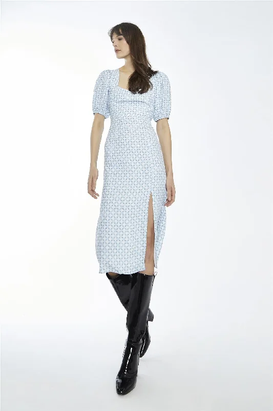 Pale-Blue Ditsy Square-Neck Split Midi-Dress