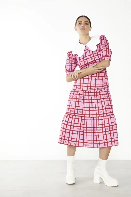 Pink-Red Grid-Check Tiered Collared Midi-Dress