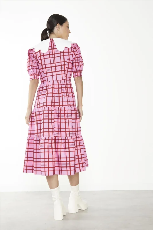 Pink-Red Grid-Check Tiered Collared Midi-Dress