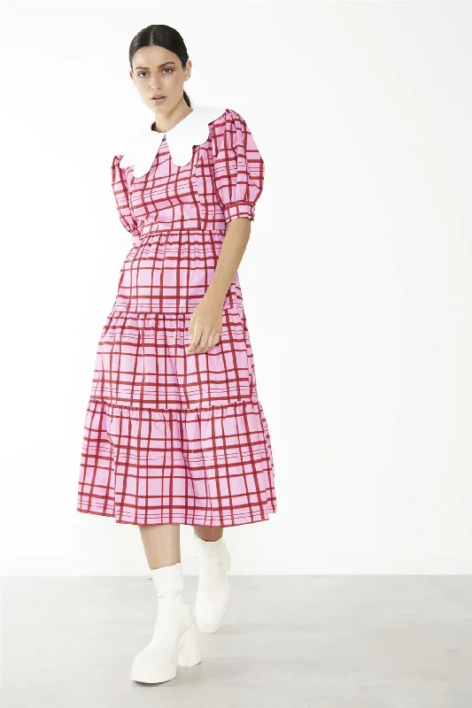 Pink-Red Grid-Check Tiered Collared Midi-Dress