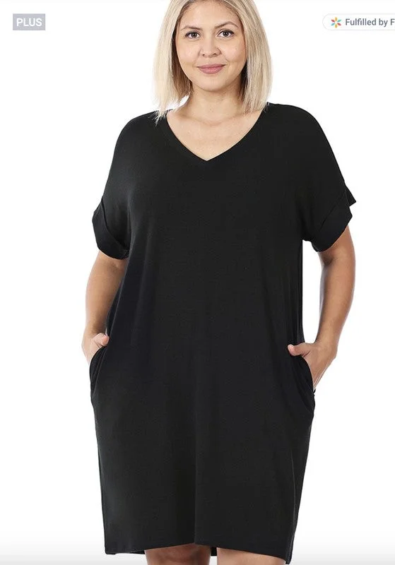 HI Curvy Plus Size Women Rolled Short Sleeve V-Neck Dress