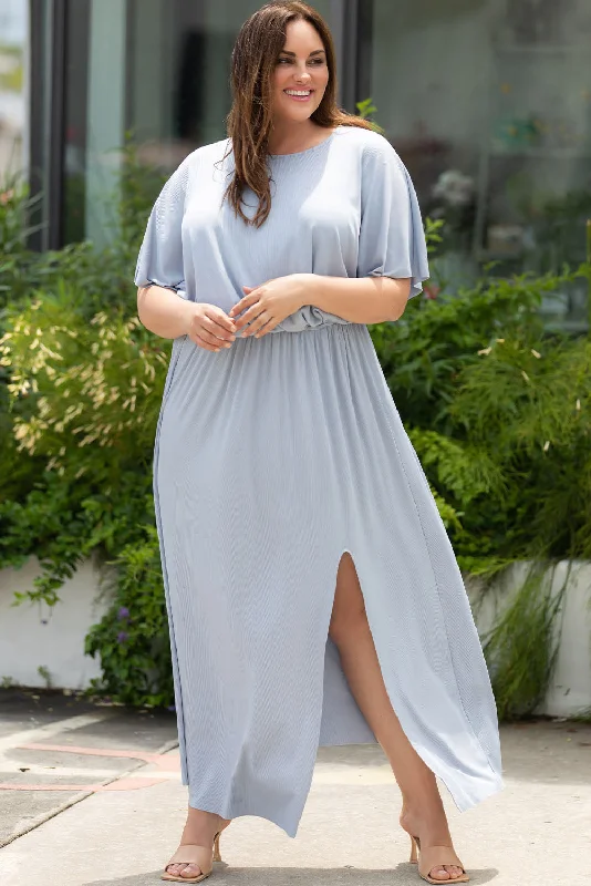 Hi Curvy Plus Size Women Round Neck Split Flutter Sleeve Maxi Dress