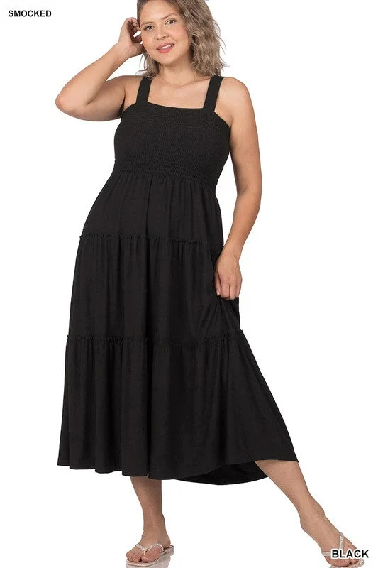 Hi Curvy Plus Size Women Smocked Tiered Midi Dress