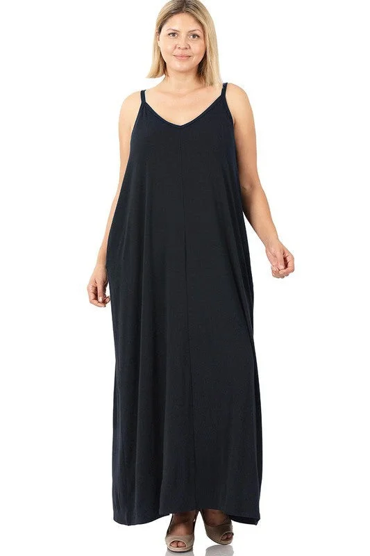 Hi Curvy Plus Size Women  V-Neck Cami Maxi Dress with Side Pockets