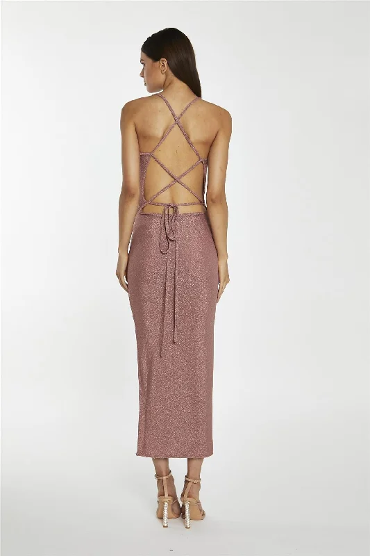 Rose-Glitter Lace-Up Back Midaxi-Dress