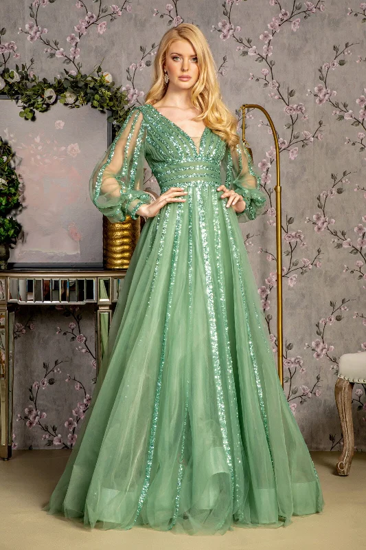 Sequin Long Sleeve A-line Mesh Gown by GLS Gloria GL3495