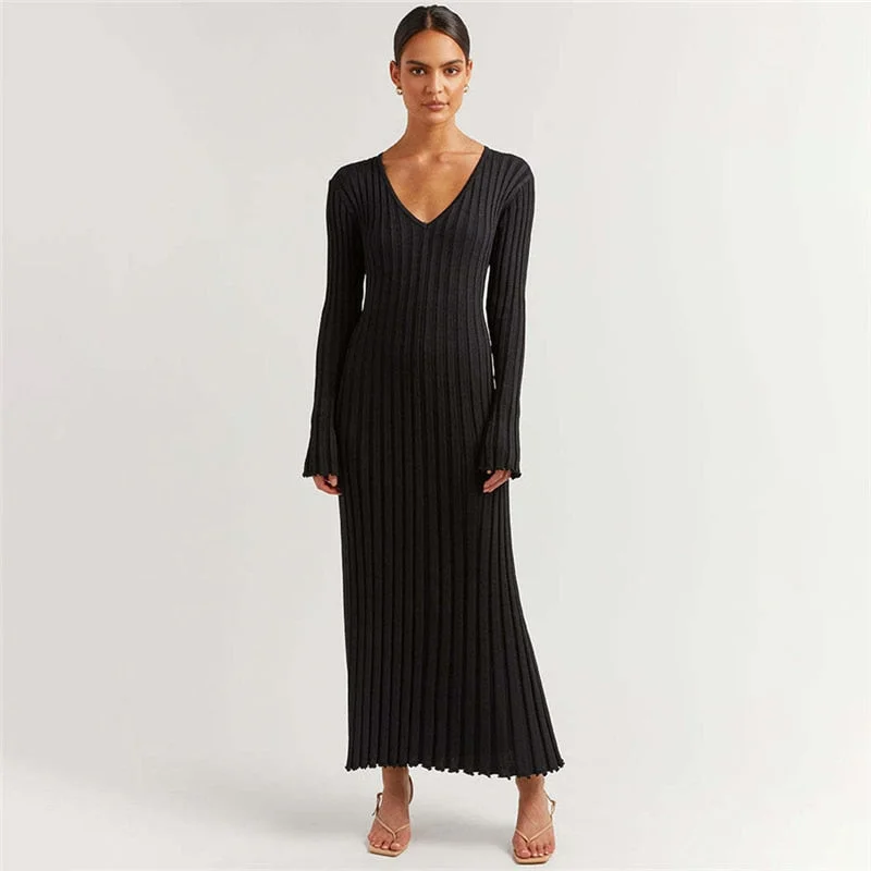 Autumn Ribbed Pleated V-Neck Knit Maxi Dress