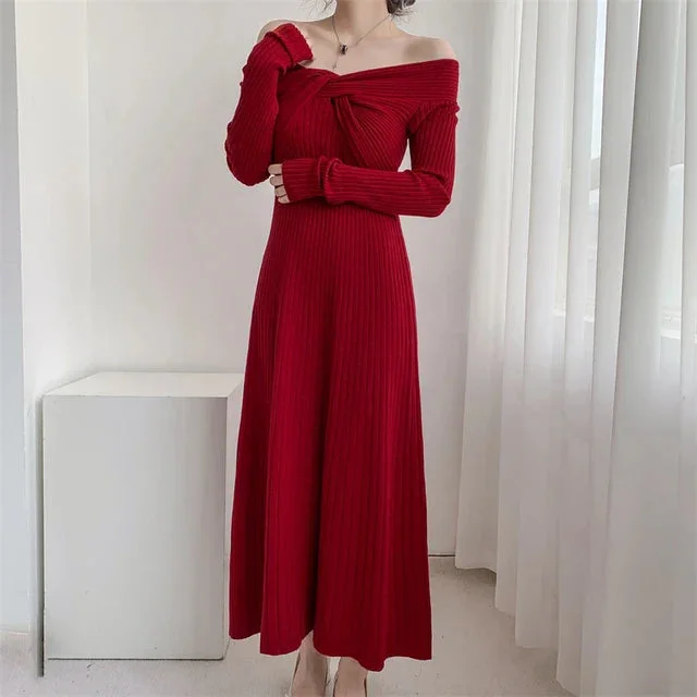 Autumn Winter Slash Neck Cross Knitted Rib Cotton Maxi Dress