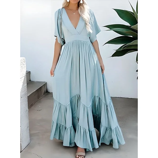 Backless Patchwork Elegant V Neck Long Sleeve Maxi Dress