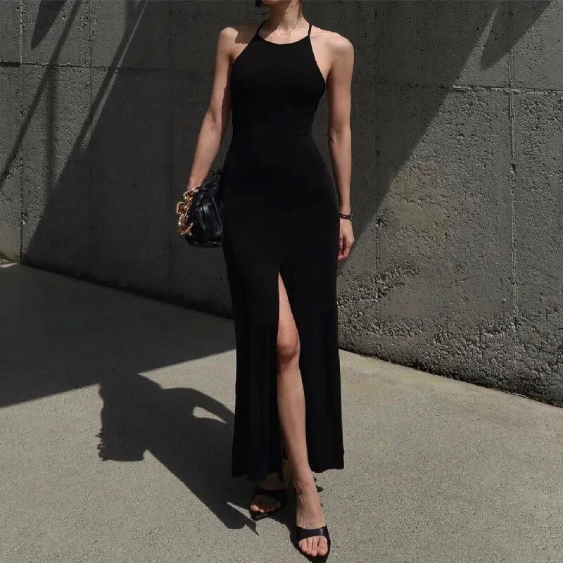 Black Open Back Split Summer Sundress Party Sexy Maxi Dress